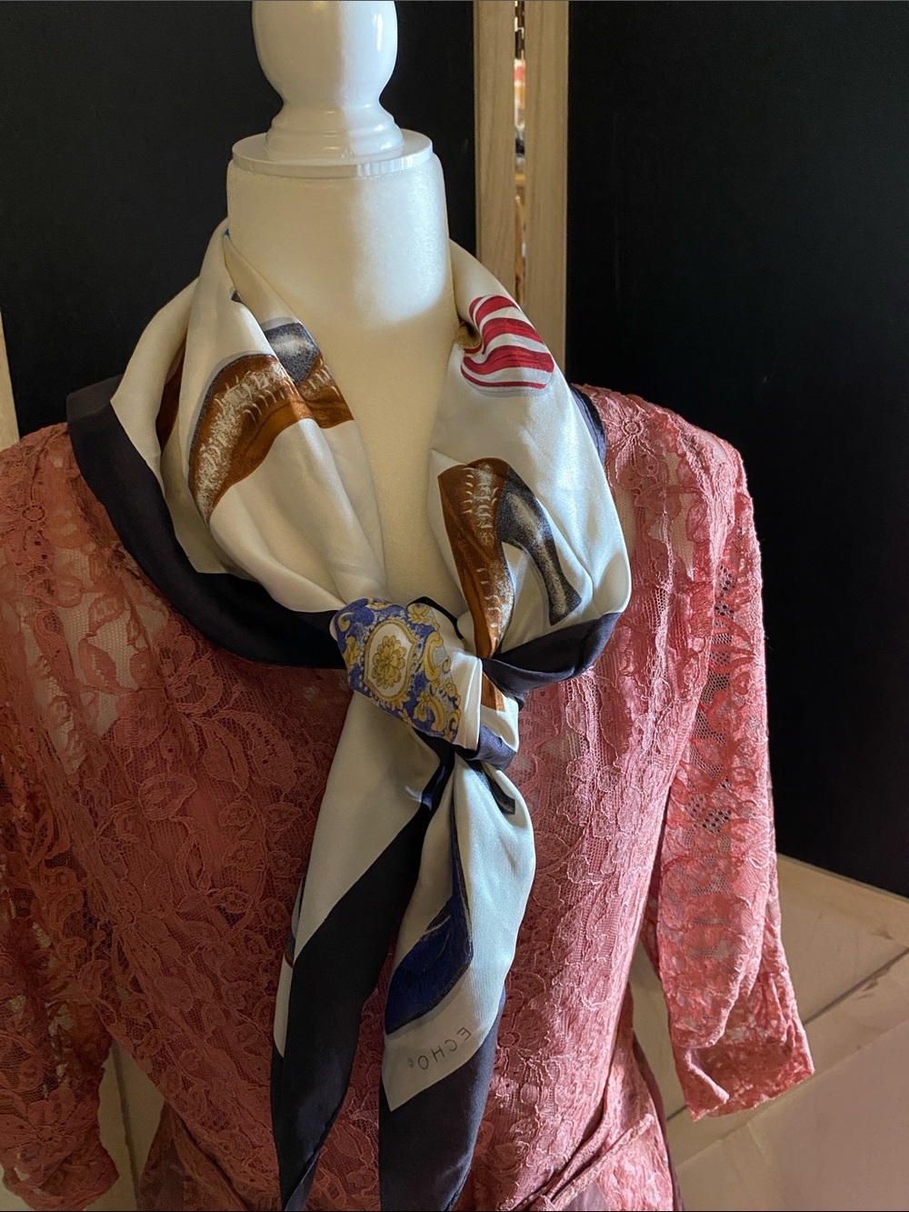 Vintage Echo  Large Silk  scarf with shoes and perfume motif